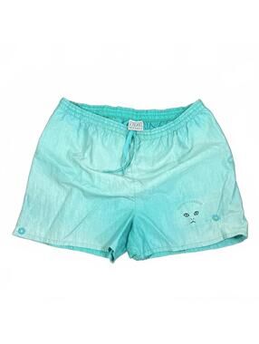 90s Shiny Aqua Blue Quirky Cat Shorts Sz 38 XL XXL